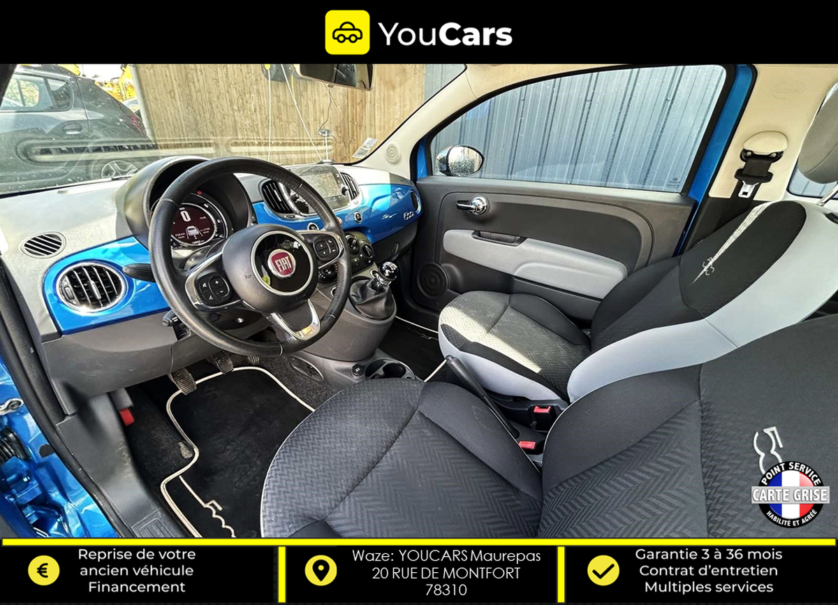 Fiat 500 PHASE 3 1.2 69 CV MIRROR / ENTRETIEN COMPLET A JOUR / CARPLAY / RADAR DE RECUL / CLIM